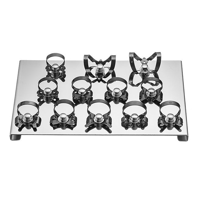 Набор из 12 кламмеров с черным оксидным покрытием на подставке из нержавеющей стали | Dentech Corporation (Япония)