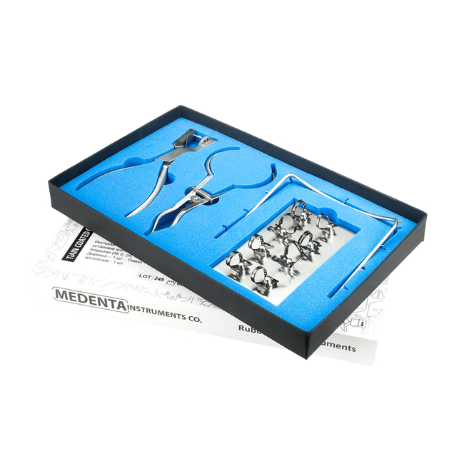 129-SET-TN - комплект из 4 инструментов и 8 креплений (TiAlN) для наложения резиновой завесы Раббер Дам Медента | Medenta Instruments Co. (Пакистан)